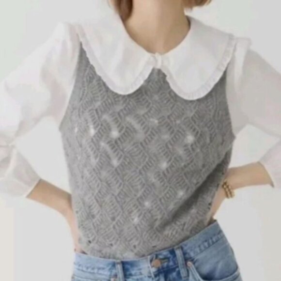 J Crew Cashmere Pointelle Sweater Vest Shell Gray Academia Preppy Quiet Luxury-M - Picture 2 of 9